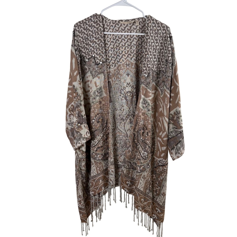 Soft Surroundings Chaucer Topper Kimono Women's 1X Taupe Fringe Boho Festival